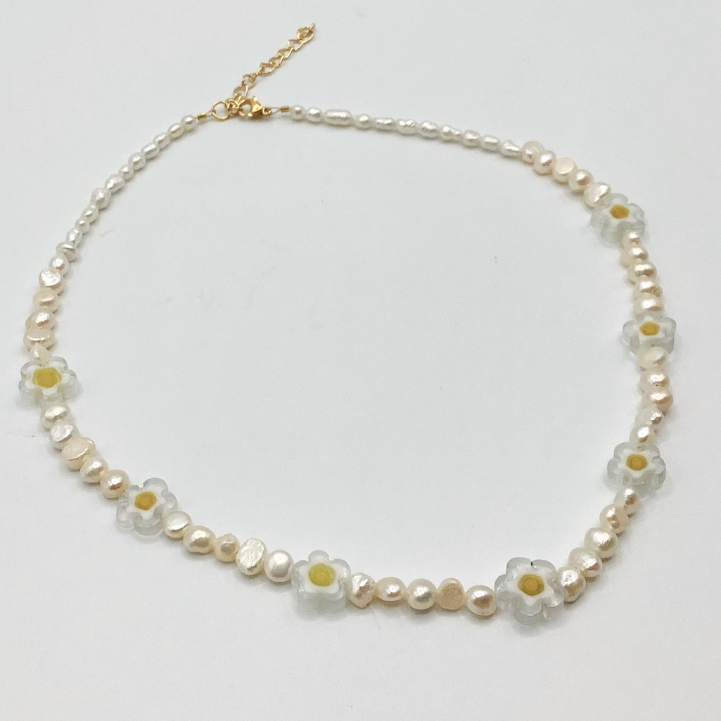 New! Necklace Millefiori Flower Beads Freshwater Pearls Hippie Trend Gold Tone